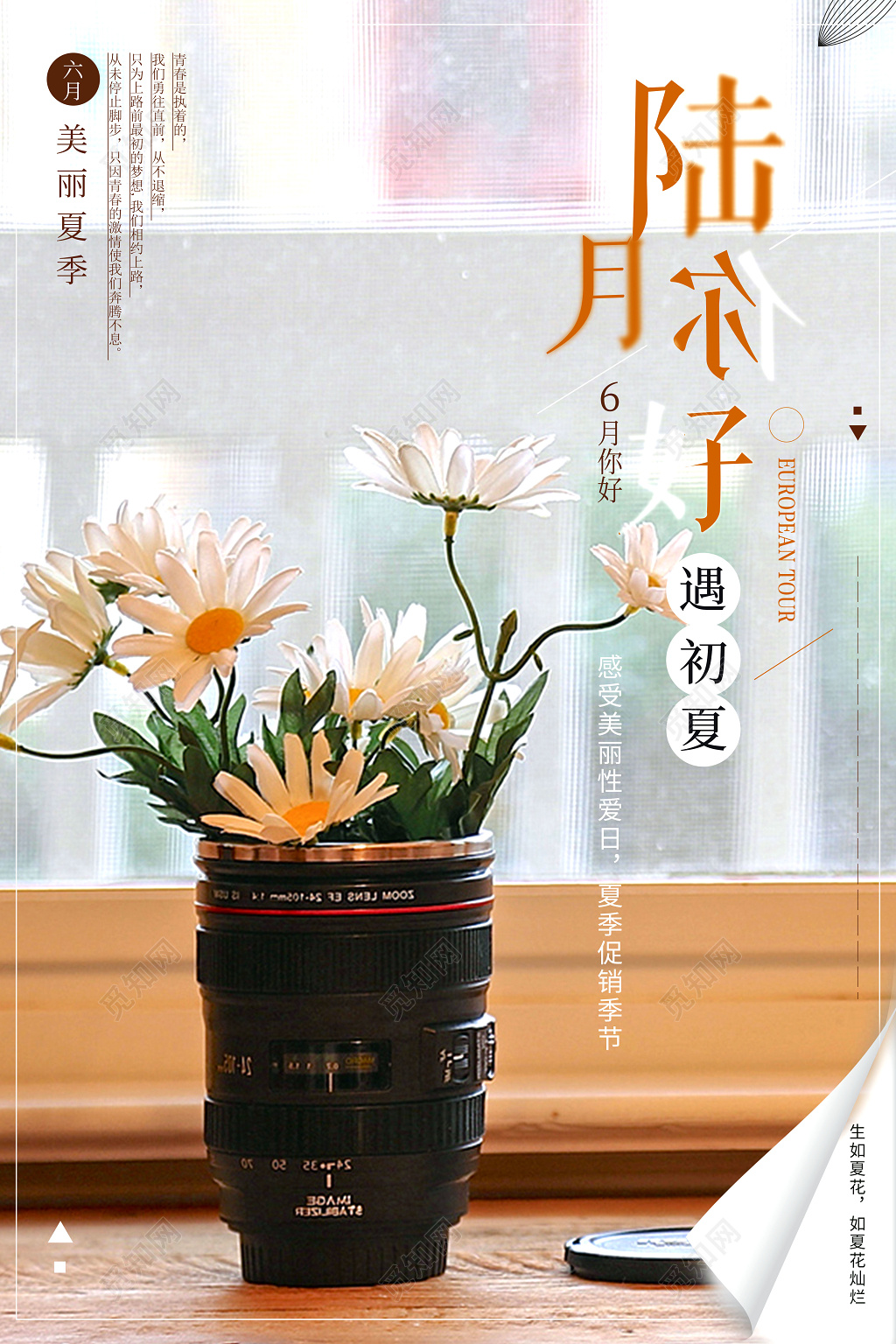 6月鲜花小清新六月你好夏季促销海报