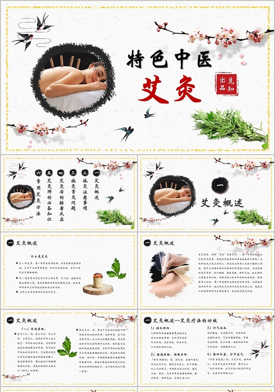 简约插画风特色中医艾灸养生培训课件PPT模板