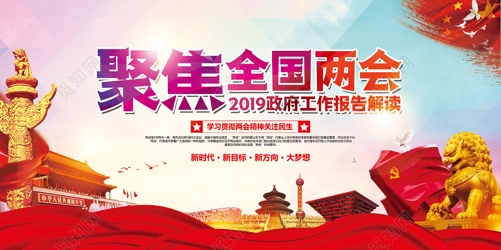 2019聚焦全国两会政府工作报告热点解读宣传展板