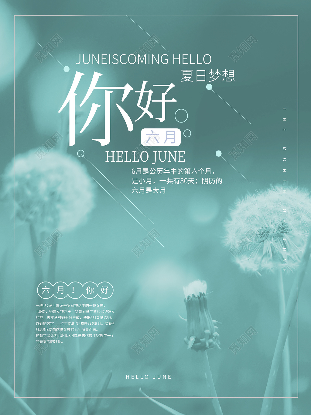 6月夏天清新淡雅风格你好六月夏季宣传海报设计