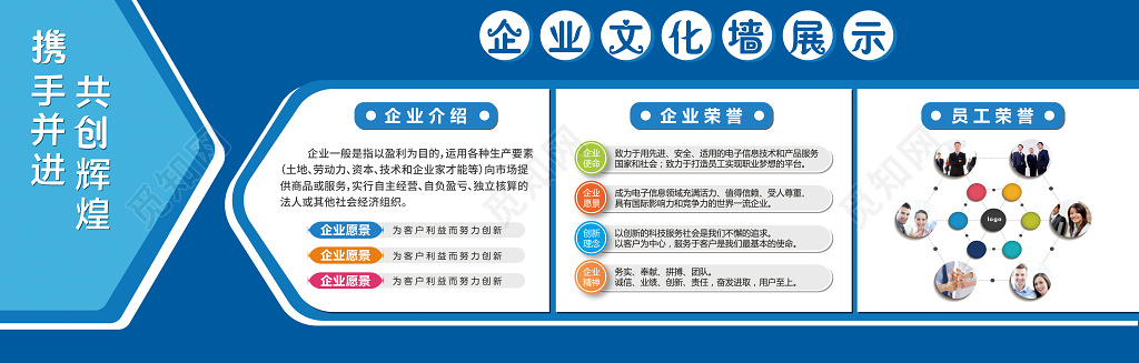 企业文化墙模板企业文化墙企业文化携手并进共创辉煌公司文化励志宣传标语蓝色文化墙