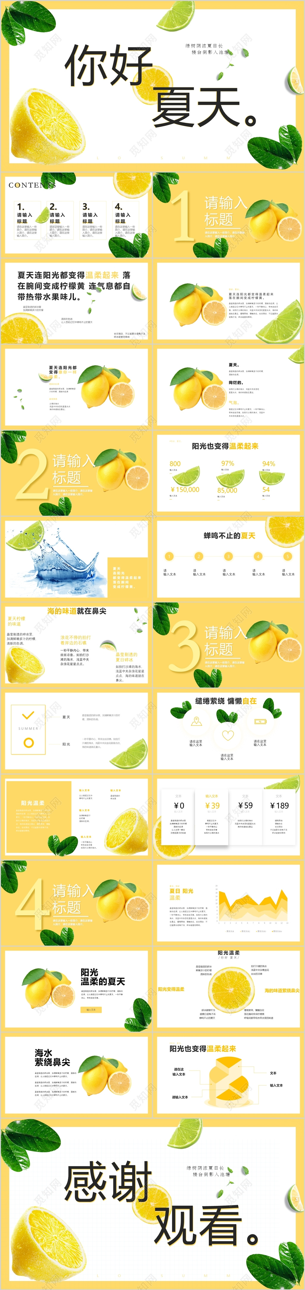 你好夏天柠檬味小清新通用ppt模板