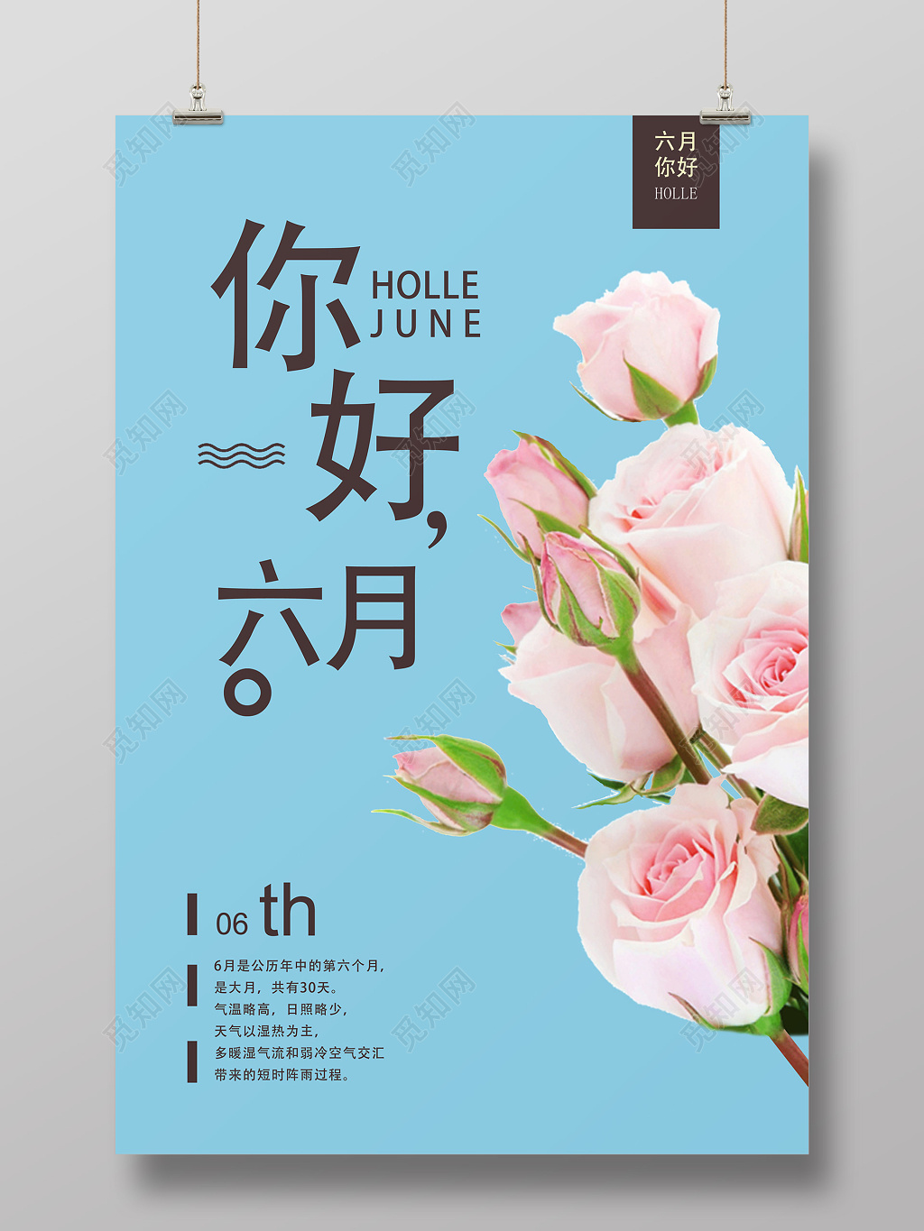 6月六月你好蓝色清新花朵背景夏天宣传海报
