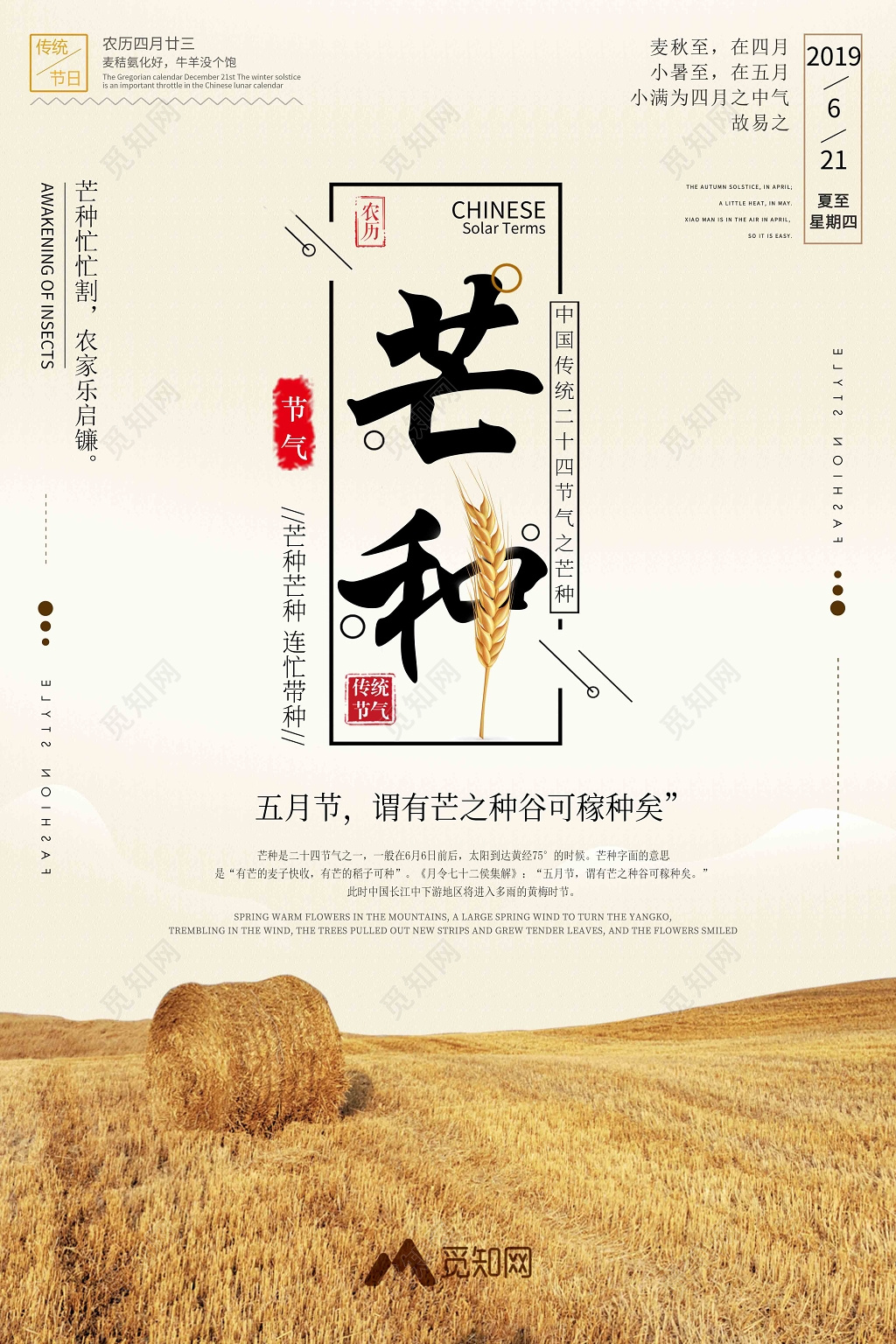 二十四节气芒种实景稻田宣传海报