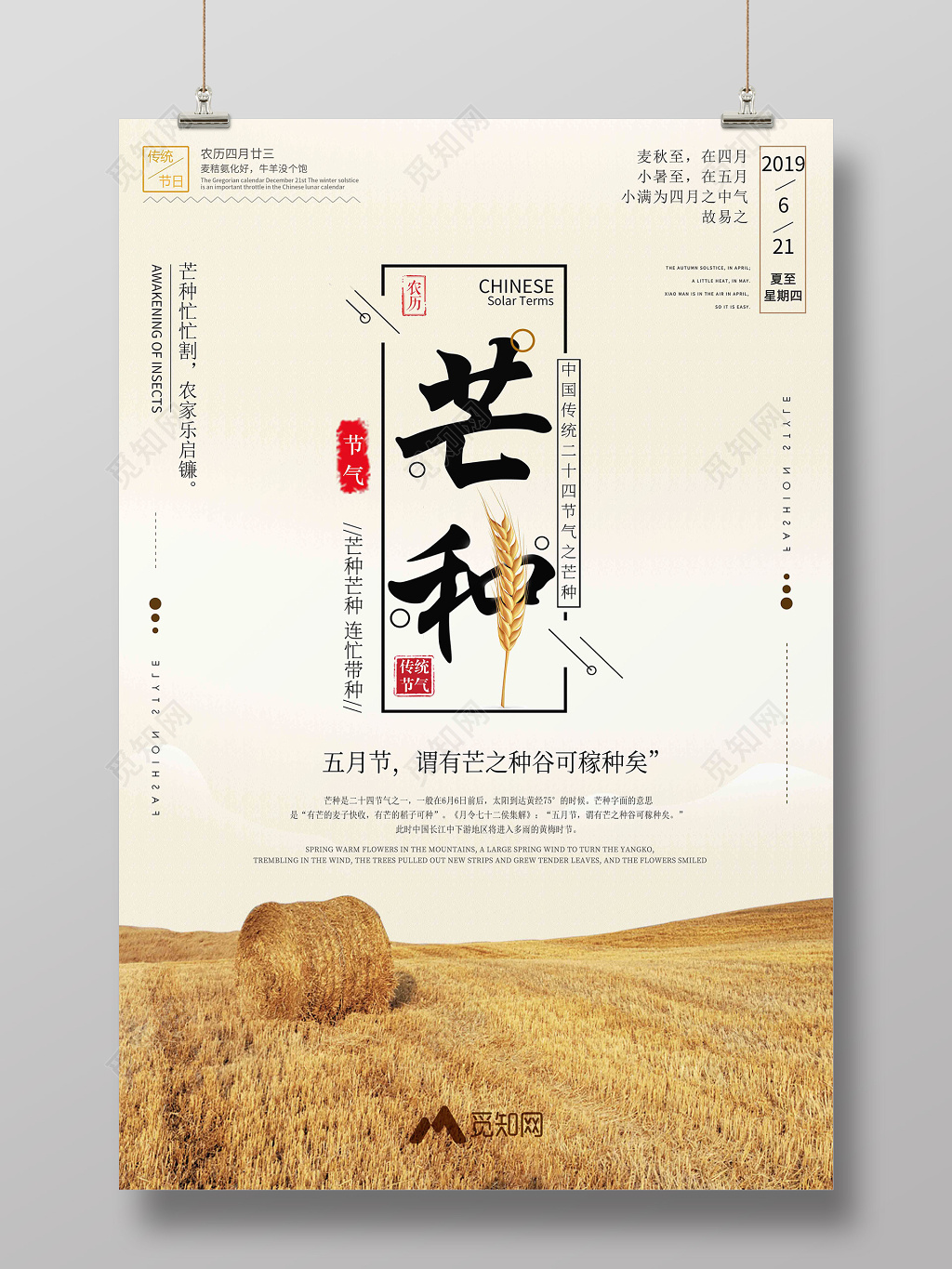 二十四节气芒种实景稻田宣传海报