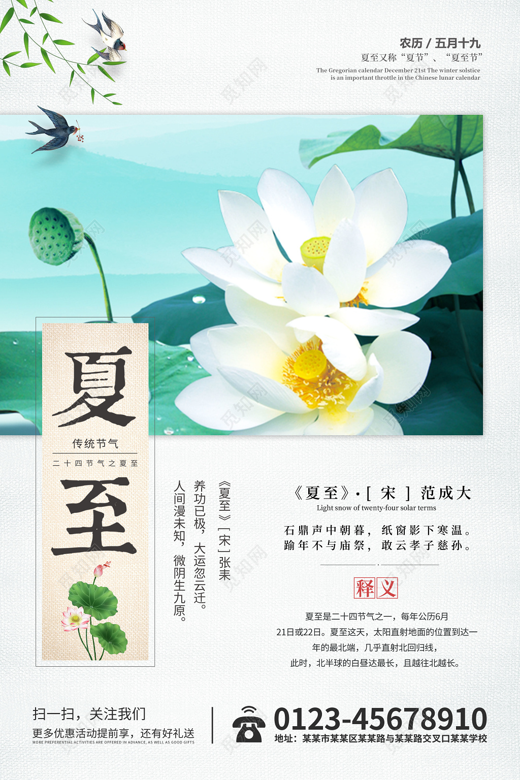 清新简约荷塘夏至二十四节气海报