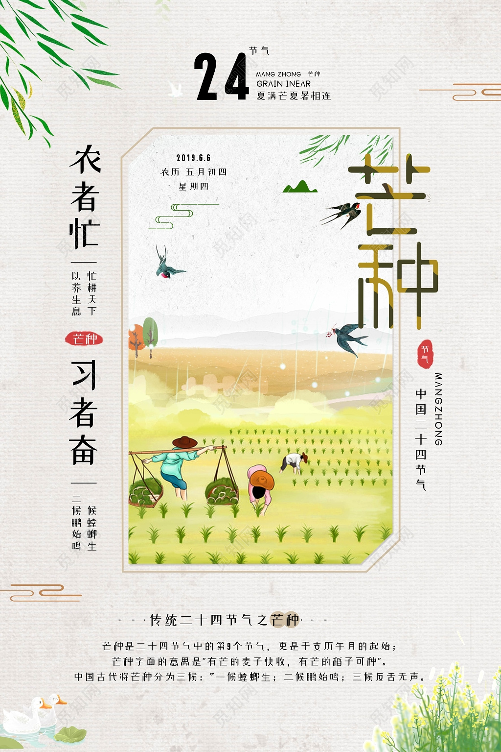 卡通2019传统二十四节气芒种耕种插秧宣传海报