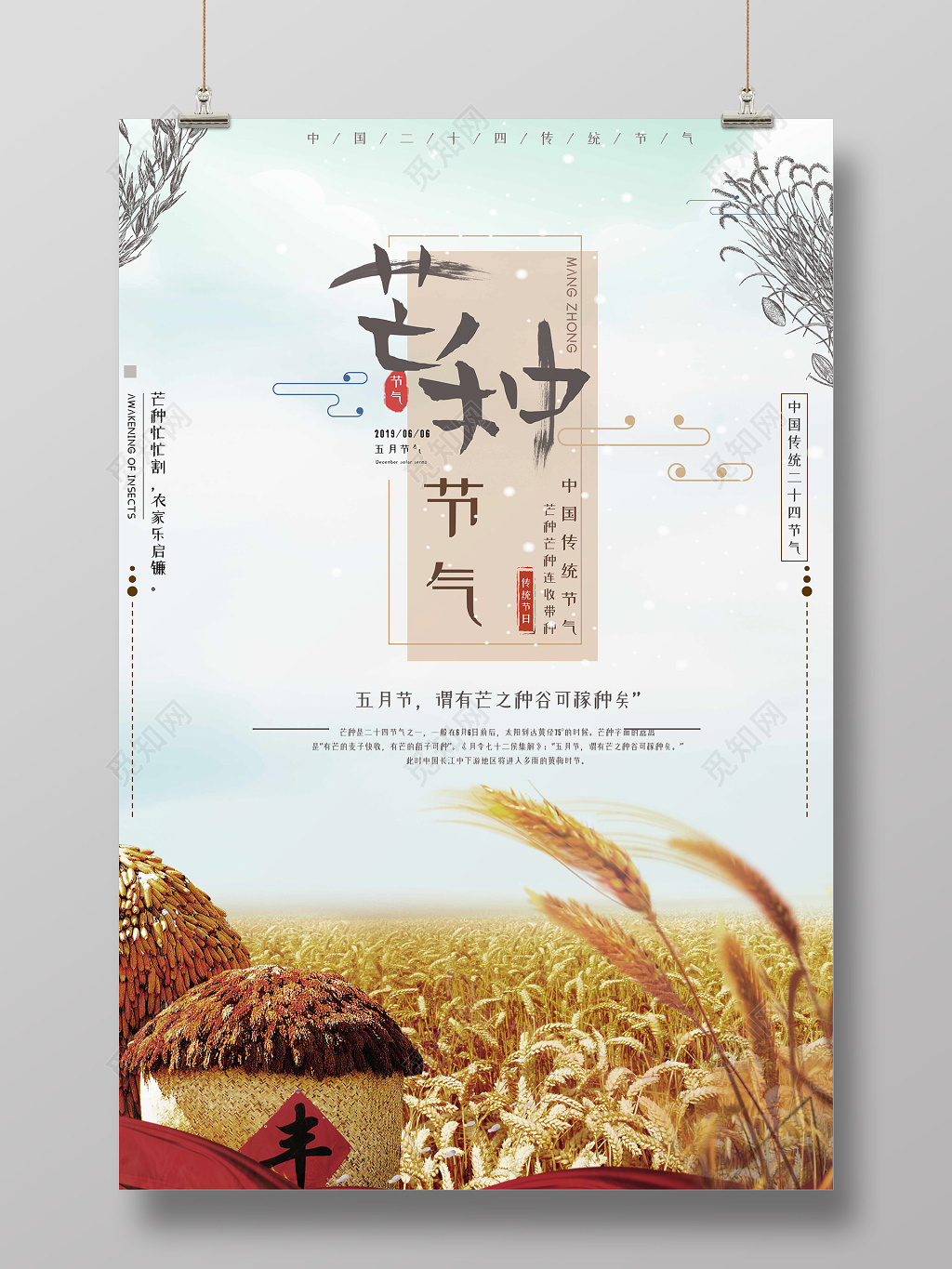简约风2019传统二十四节气芒种金色稻田宣传海报