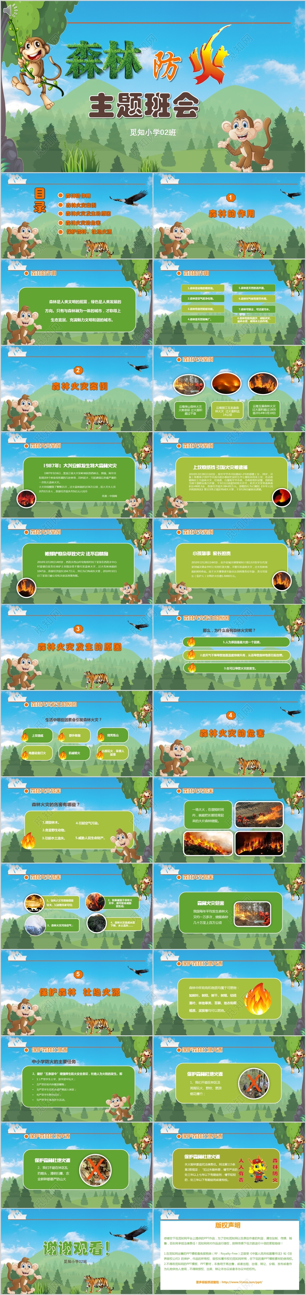 绿色卡通儿童森林防火安全知识主题班会PPT课件模板