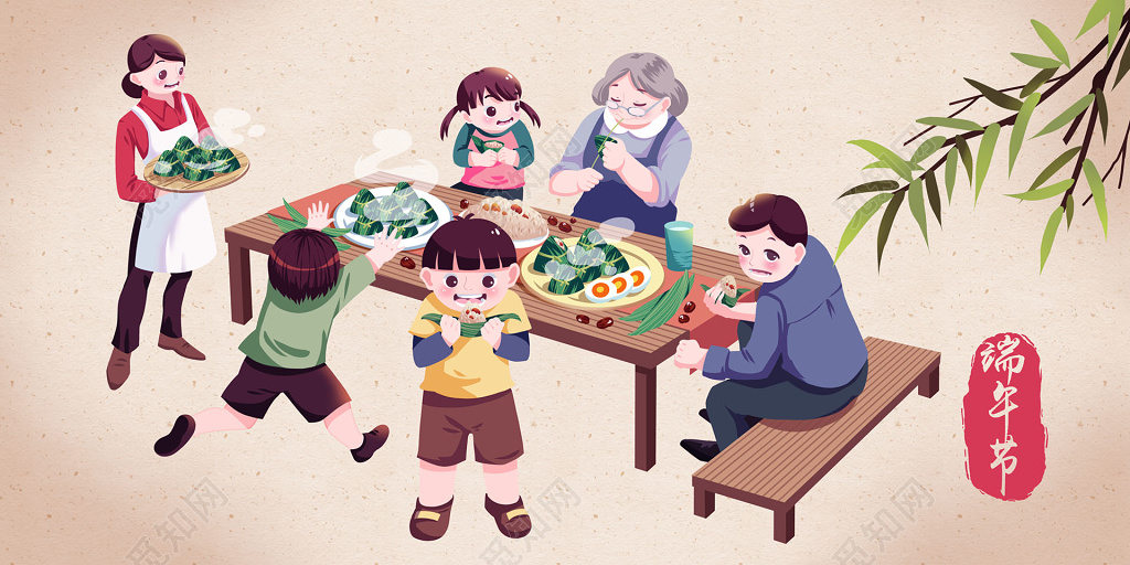 手绘卡通端午节亲子包粽子人物插画海报