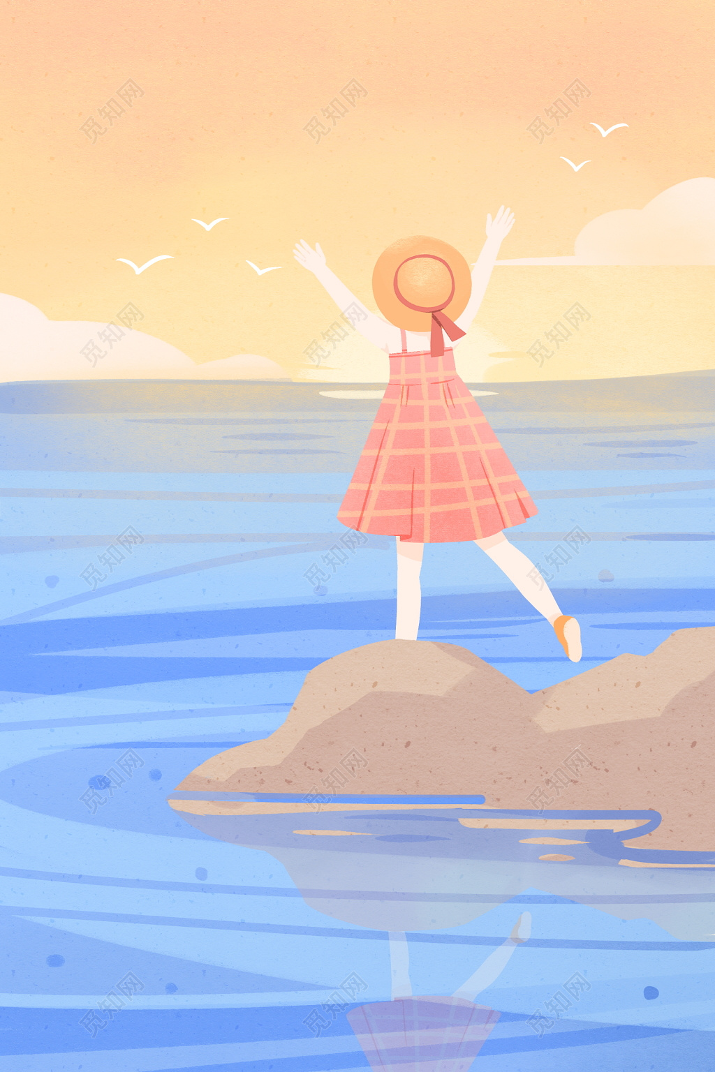 卡通夏天夏至海边人物海报素材