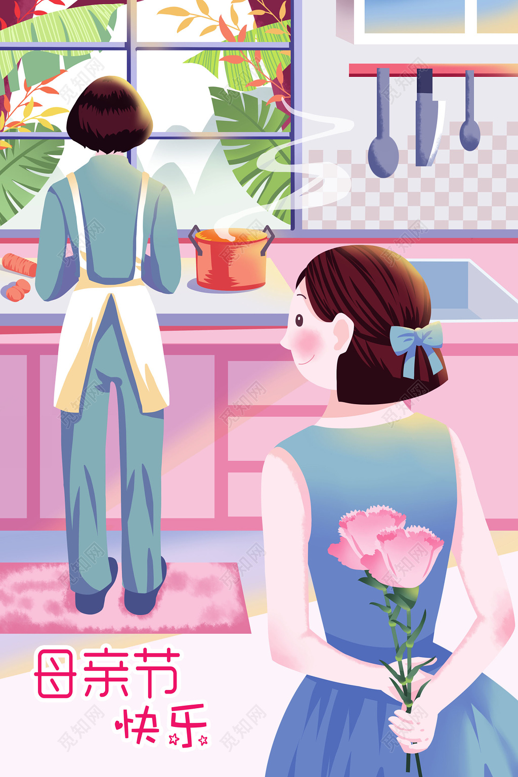 手绘卡通母亲节亲子感恩节人物插画海报