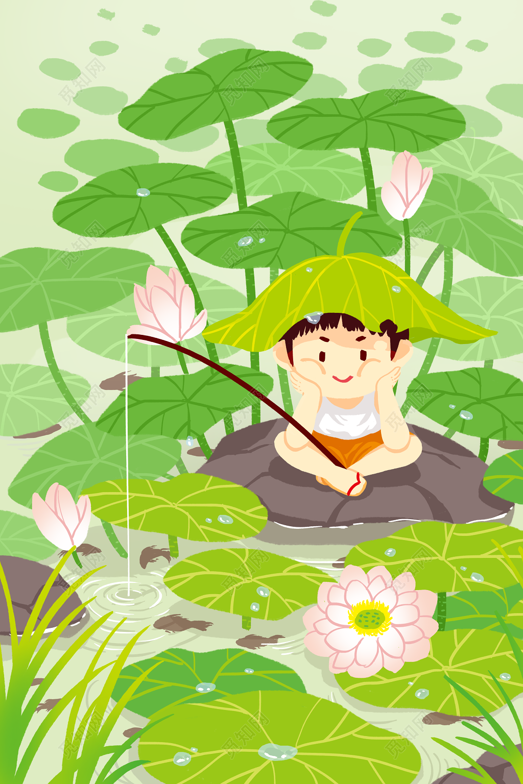 卡通手绘池塘荷花儿童钓鱼插画海报