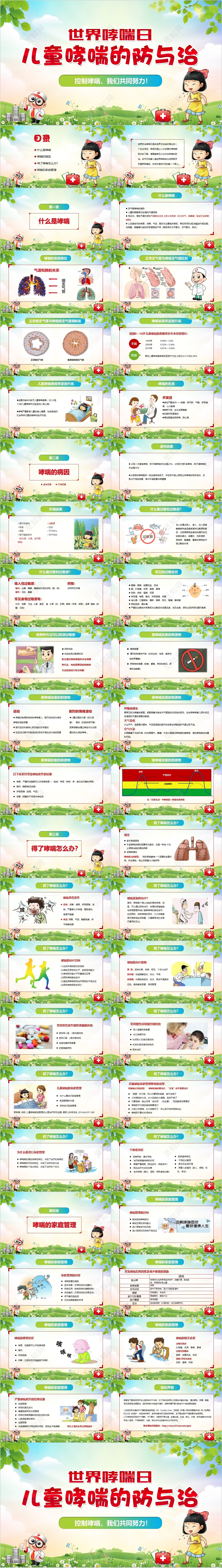 红色卡通风世界哮喘日儿童哮喘的防与治课件PPT模板