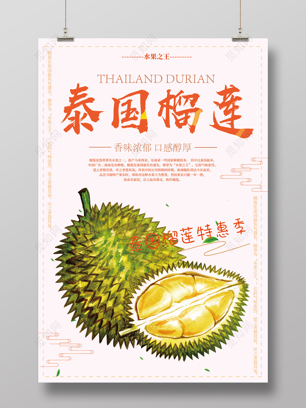 粉红泰国榴莲特惠季水彩元素创意水果海报