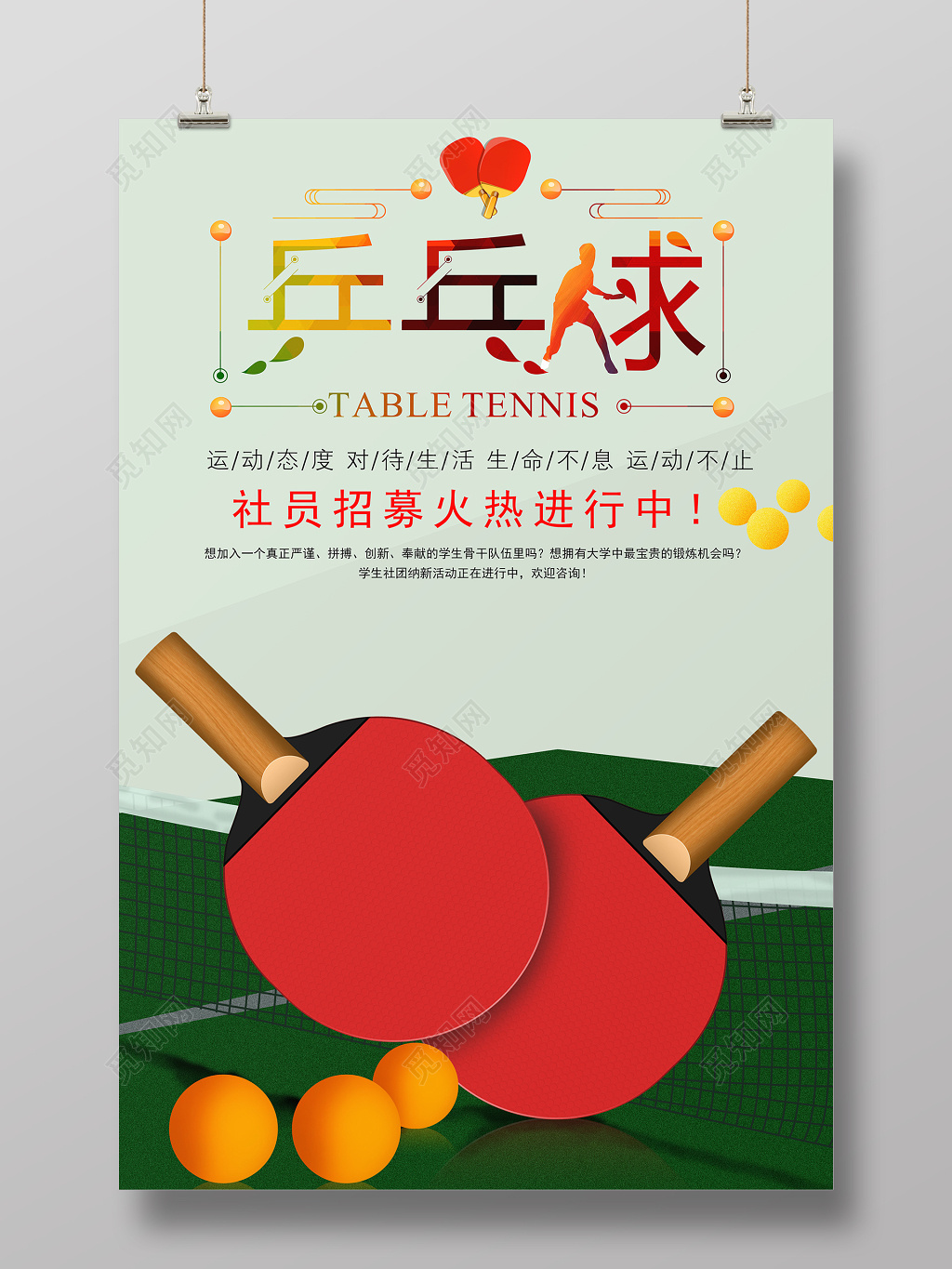 简约健身乒乓球社员招募宣传海报