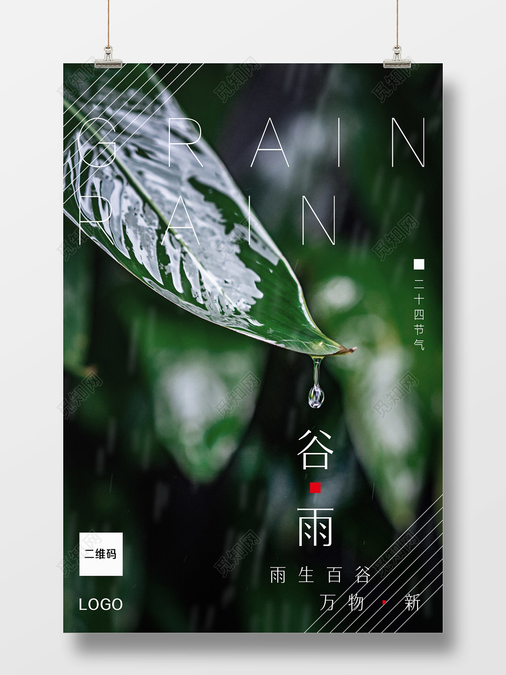 24节气唯美绿叶照片谷雨节气二十四节气海报