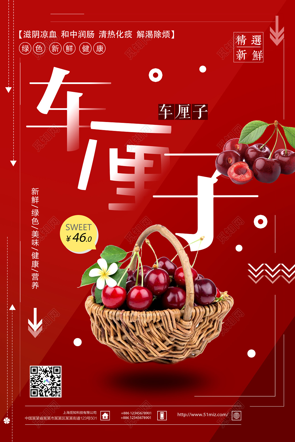 车厘子绿色新鲜健康营养樱桃车厘子水果宣传红色海报