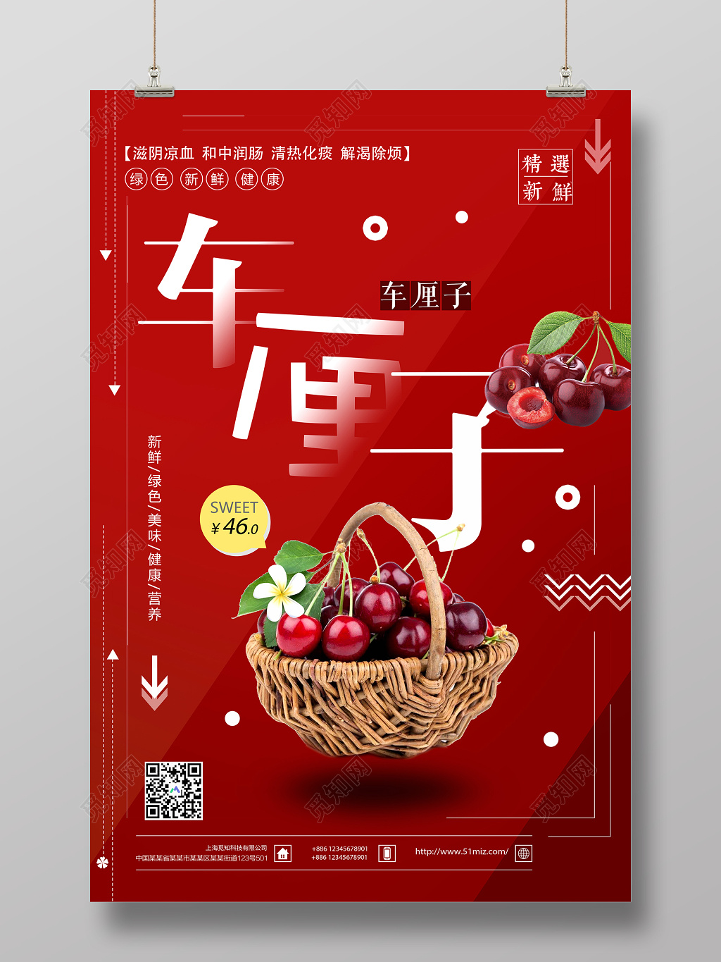 车厘子绿色新鲜健康营养樱桃车厘子水果宣传红色海报