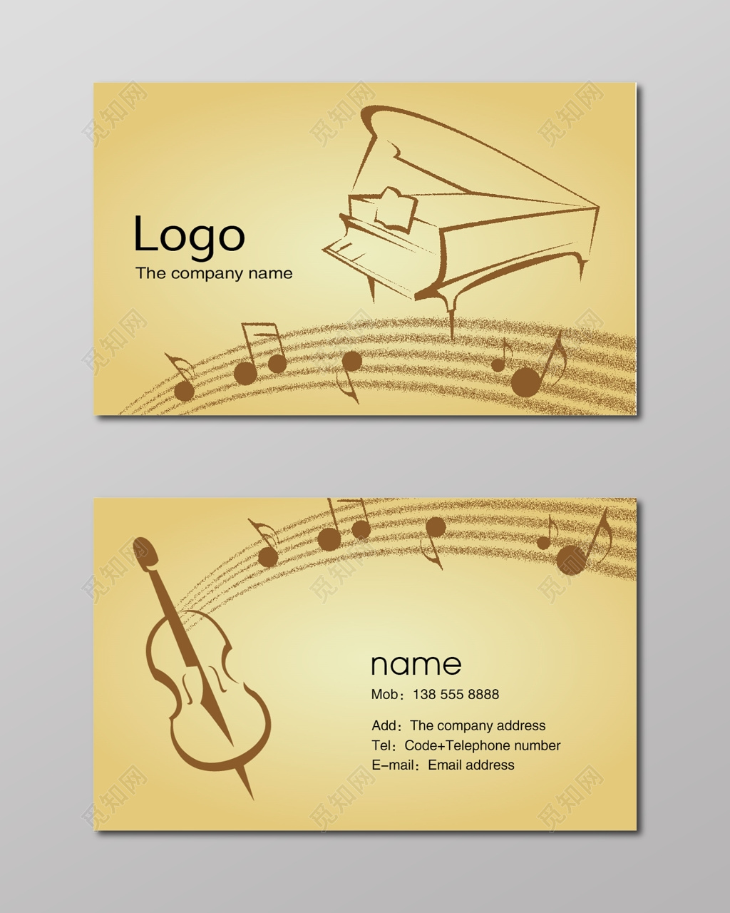 钢琴名片简约棕黄色艺术名片设计模板