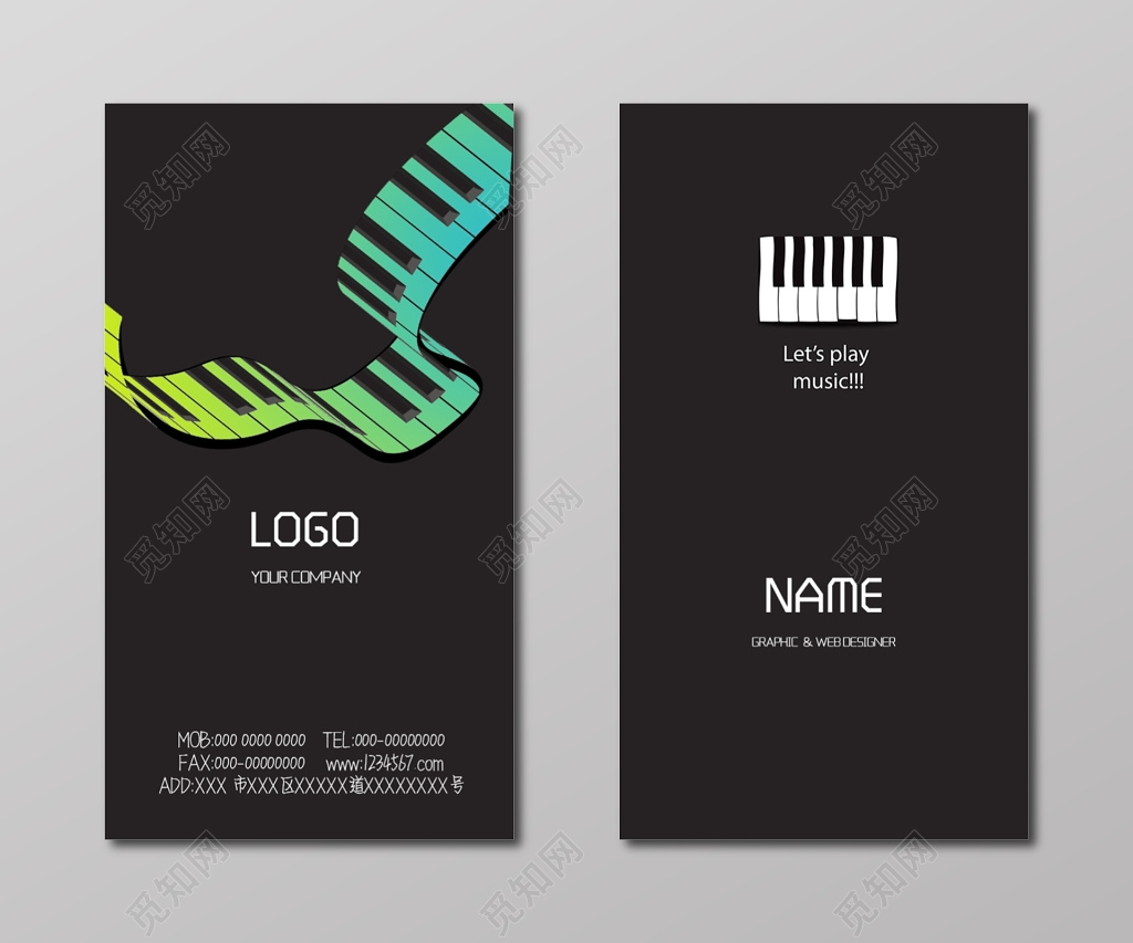 钢琴名片简约黑色英文名片设计模板