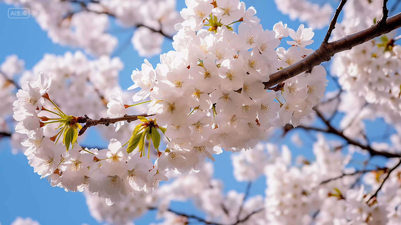 蓝天下白色的樱花盛开的樱花特写镜头浪漫风景唯美壁纸