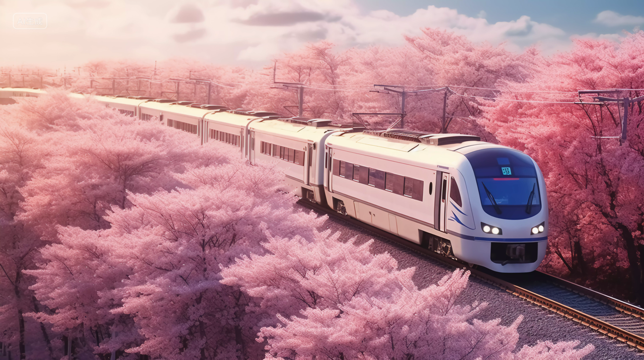 一列火车经过樱花树浪漫意境风景唯美壁纸