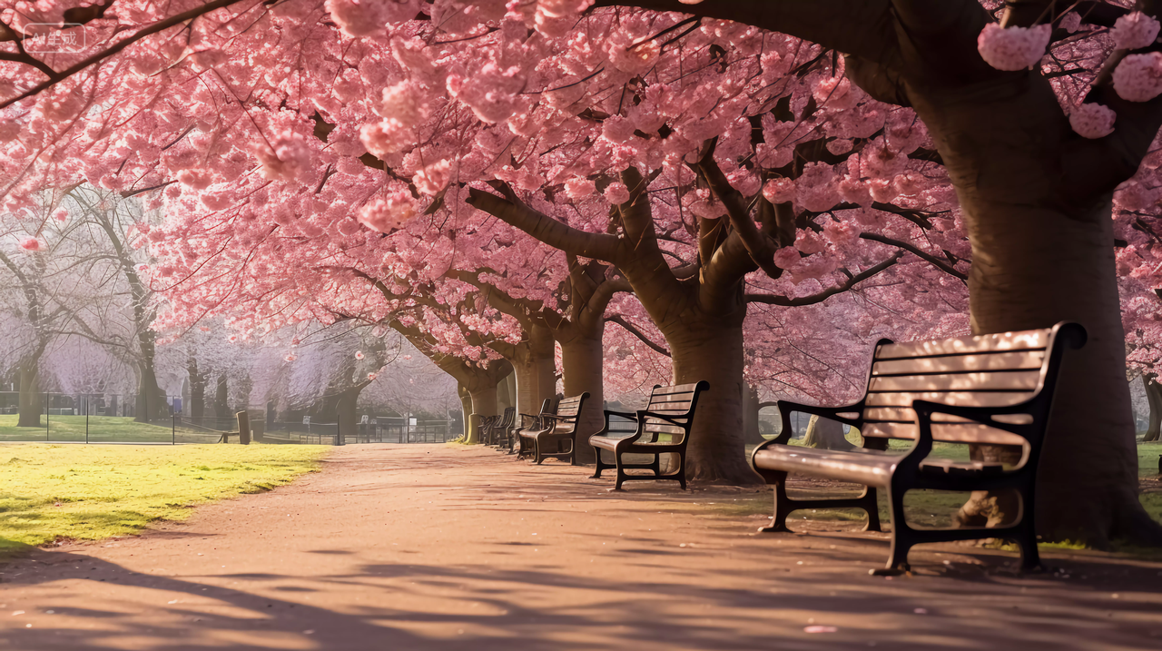 公园里盛开的樱花与长椅樱花飘落浪漫意境风景唯美壁纸