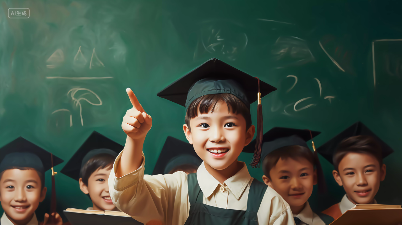 学生带着学士帽在黑板前微笑望着镜头学校校园黑板课桌座位开学季教育学生学习成长