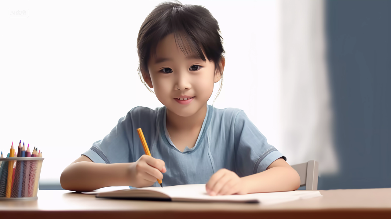 小学生手拿笔坐在课桌书桌写作业学校校园黑板课桌座位开学季教育学生学习成长