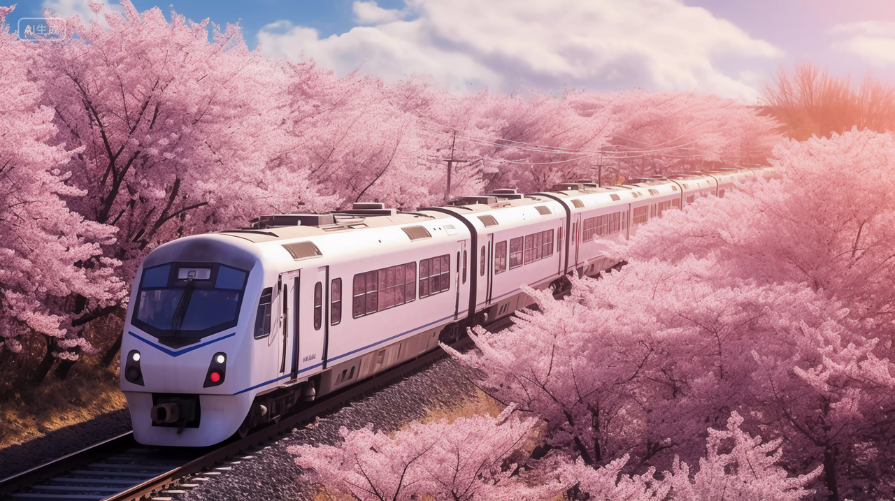 一列火车经过樱花树浪漫意境风景唯美壁纸