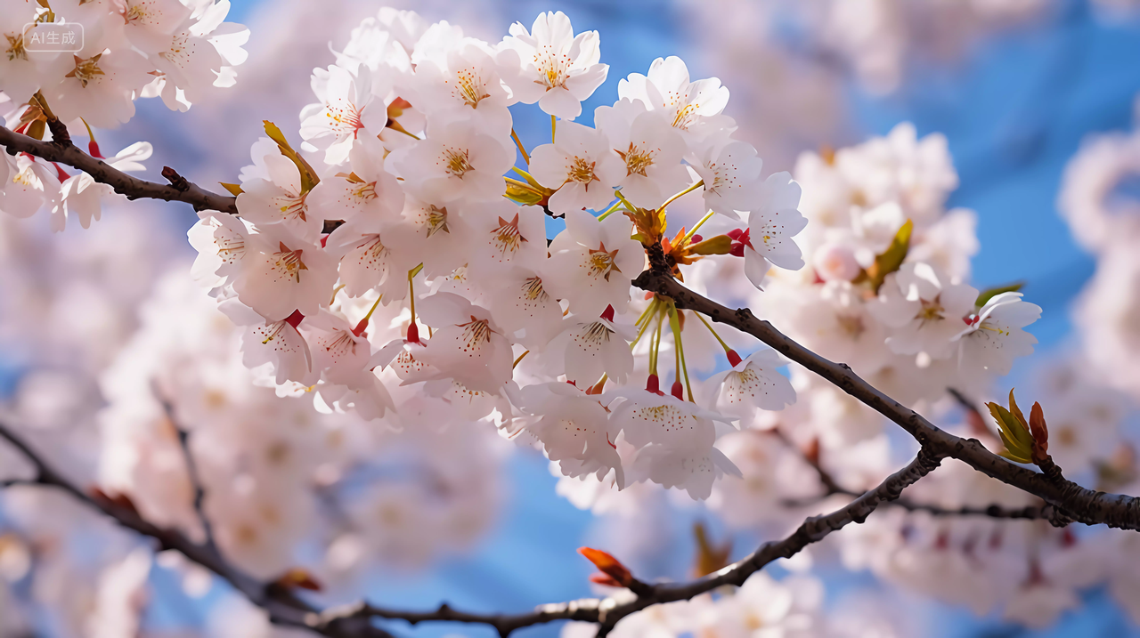 蓝天下白色的樱花盛开的樱花特写镜头浪漫风景唯美壁纸