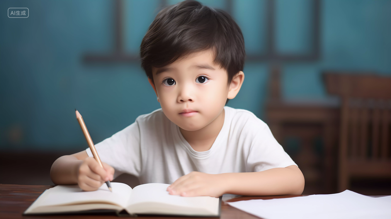 小学生手拿笔坐在课桌书桌写作业学校校园黑板课桌座位开学季教育学生学习成长