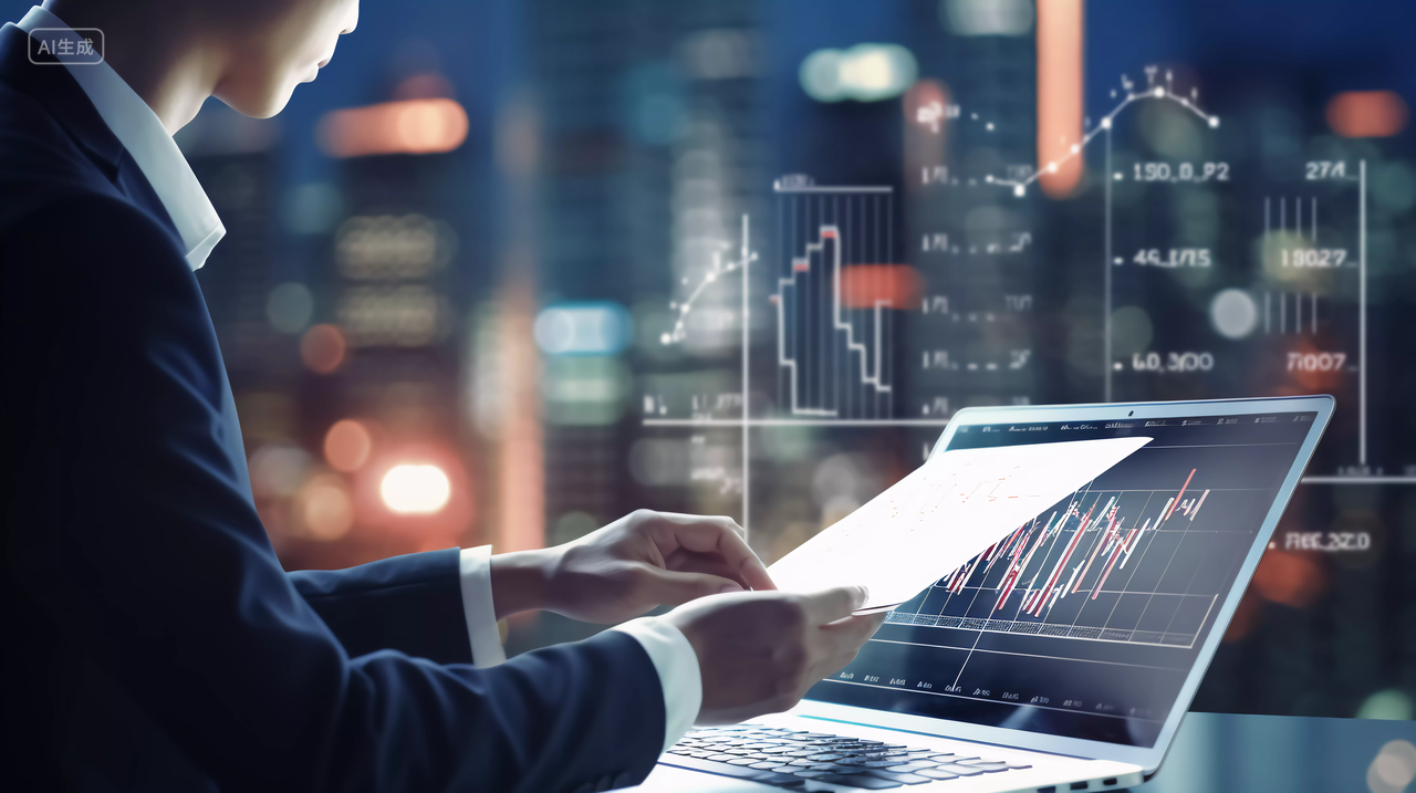 中国商人使用笔记本电脑数字图表概念三维图表在电脑前商业科技金融科技黄金商人财富汇率理财储蓄投资钱