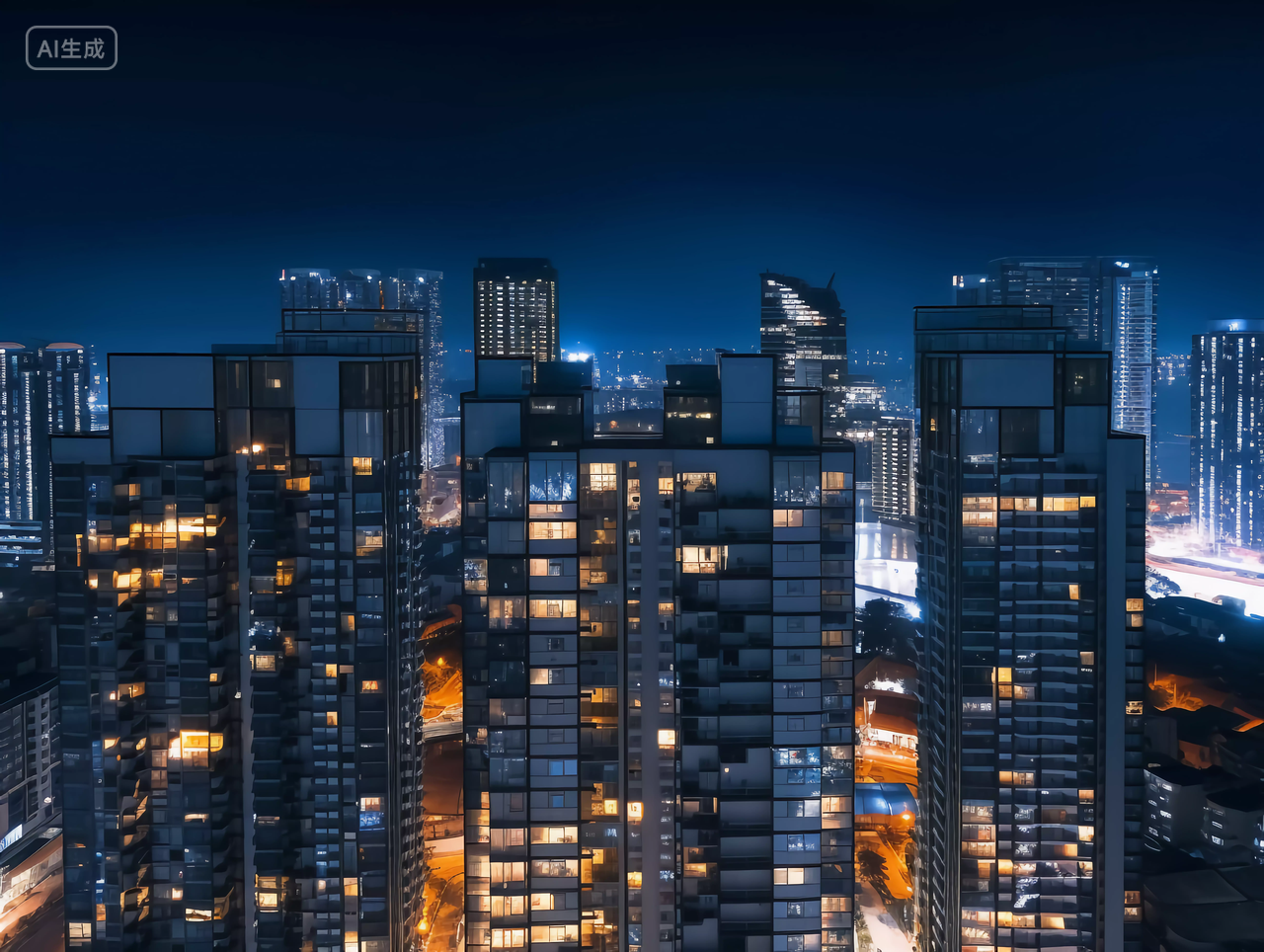 万家灯火城市夜景夜晚现代高层住宅建筑大楼水平镜头房子高楼大厦房屋居住房地产摩天大楼都市风景