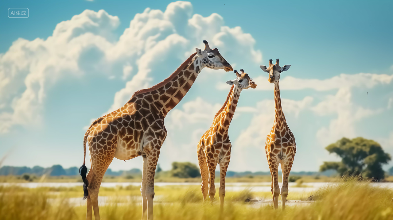 蓝天白云下大自然野生动物长颈鹿长长的脖子