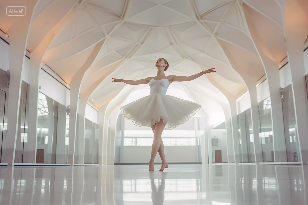 舞蹈美女在舞台上舞蹈室优雅地跳着单人芭蕾舞仙气飘飘