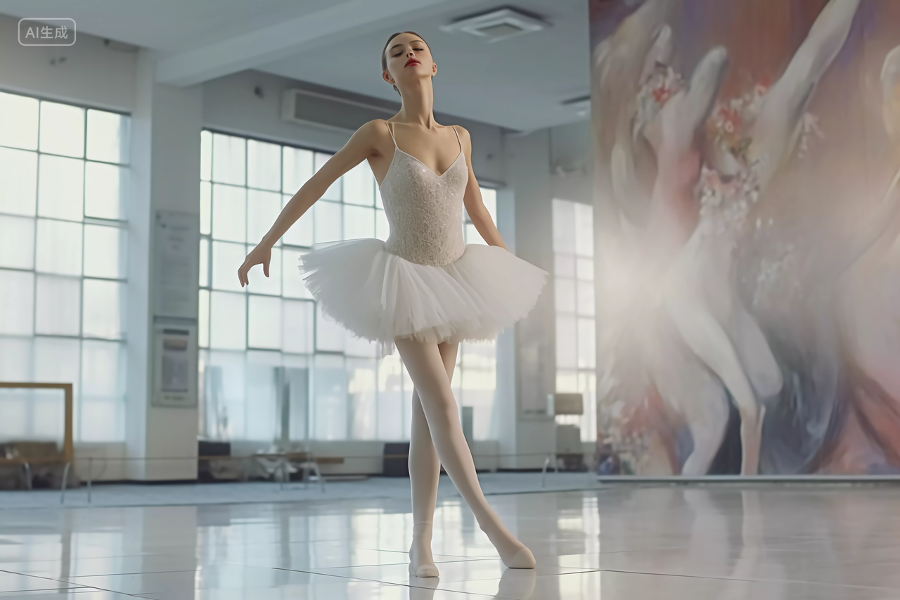 舞蹈美女在舞台上舞蹈室优雅地跳着单人芭蕾舞仙气飘飘