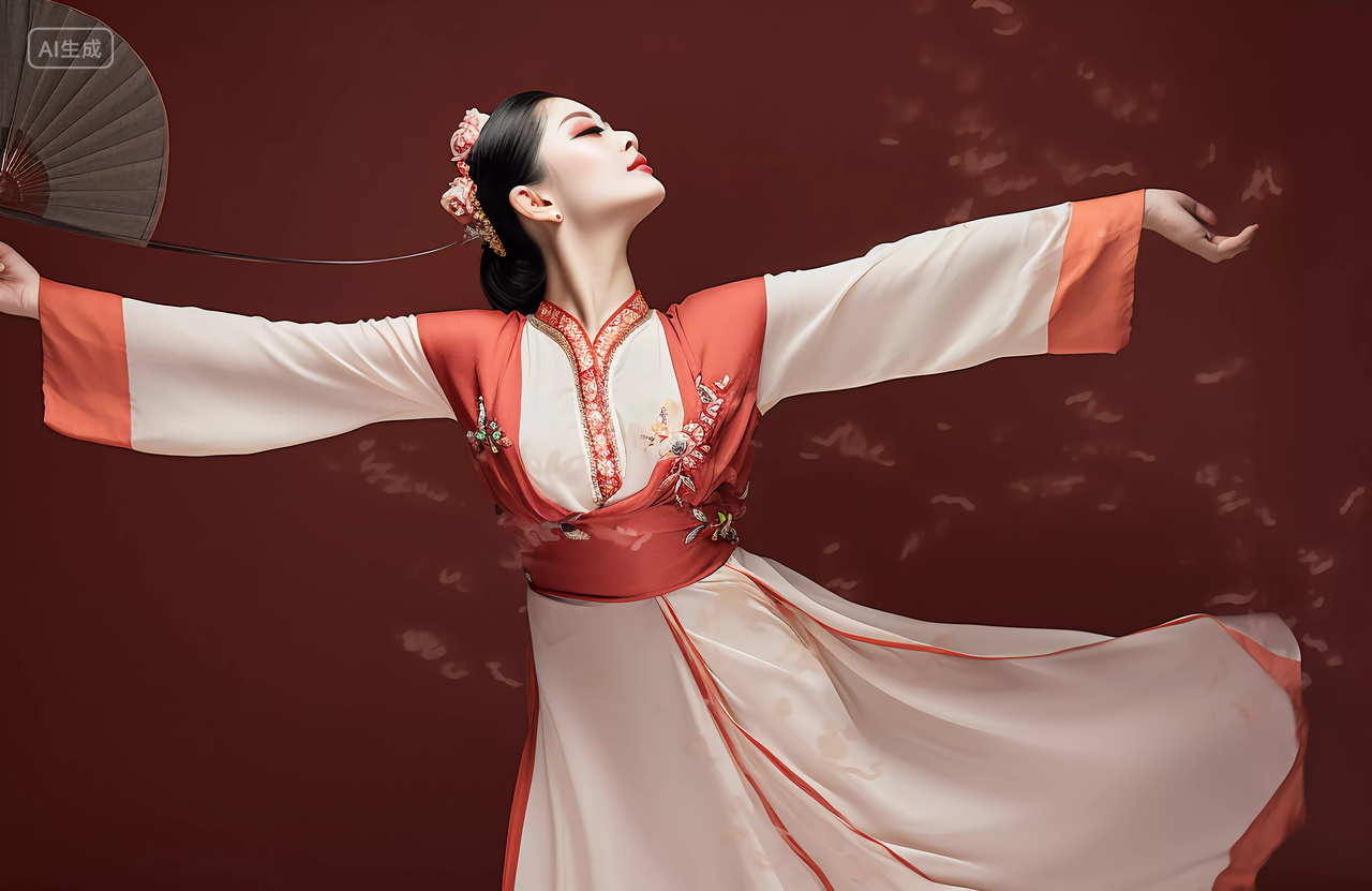 舞蹈东方古典舞年轻美丽的美女舞者在伸着胳膊手臂跳舞姿态优雅韵味