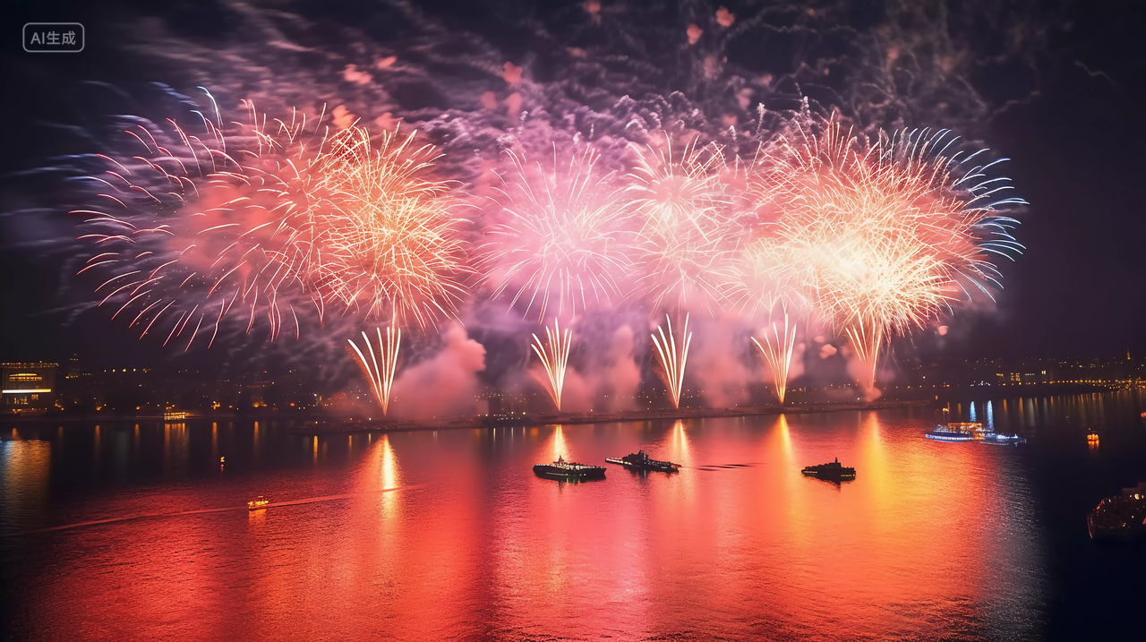 江边成排绽放的烟花表演照亮夜空绚丽烟花五颜六色焰火新年庆祝喜庆国庆节