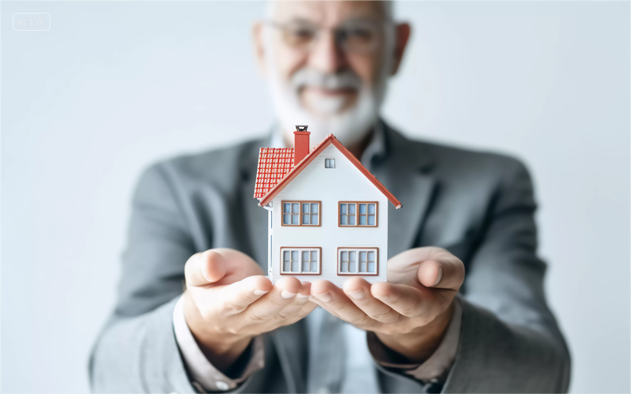 手托着一个小房子模型房子高楼大厦房屋居住摩天大楼都市风景房地产概念图