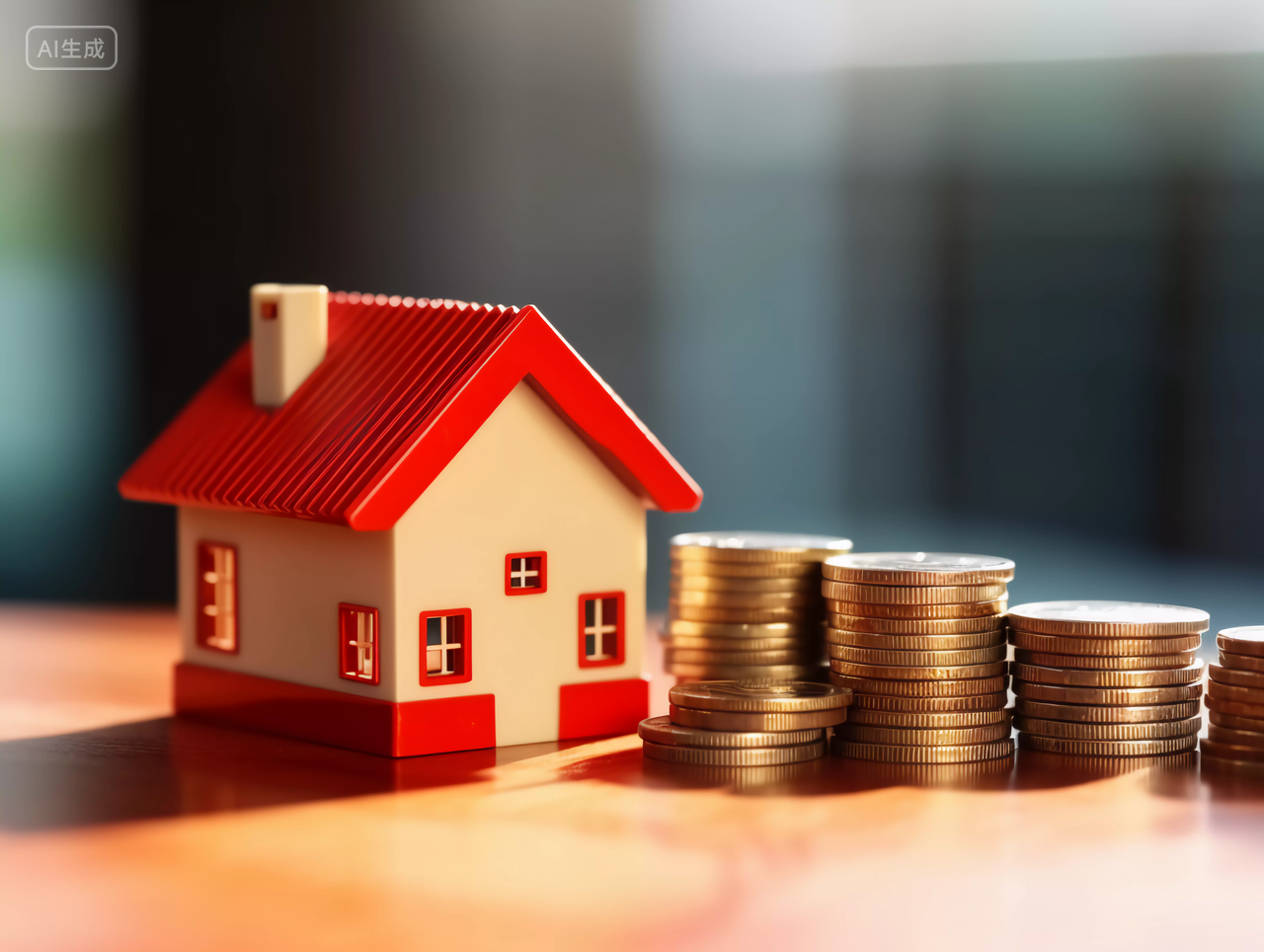 桌上的红色房子模型 黄色的金币房子模型的创意广告图房子高楼大厦房屋居住房地产摩天大楼都市风景