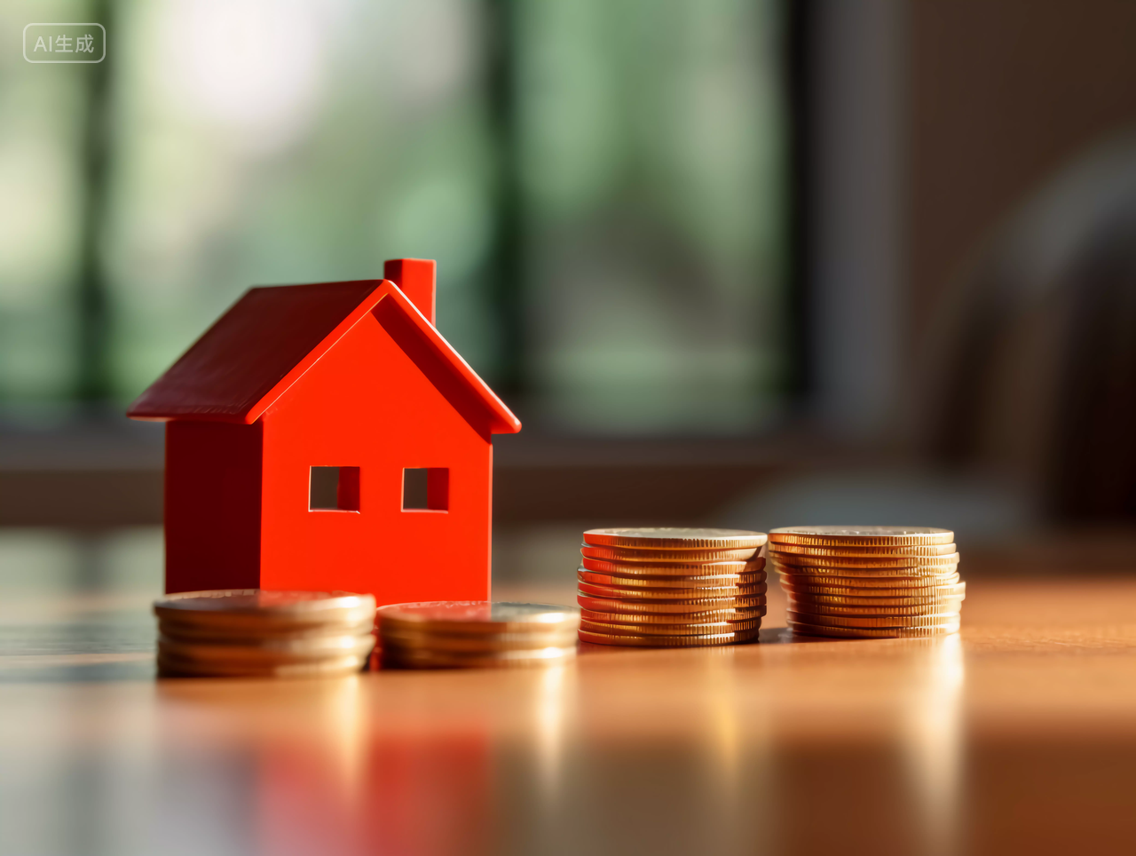 桌上的红色房子模型 黄色的金币房子模型的创意广告图房子高楼大厦房屋居住房地产摩天大楼都市风景