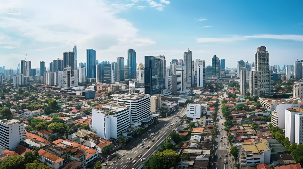 蓝天下的城市全景印度尼西亚城市俯瞰图雅加达城市建筑图城市建筑高楼大厦大城市商业建筑