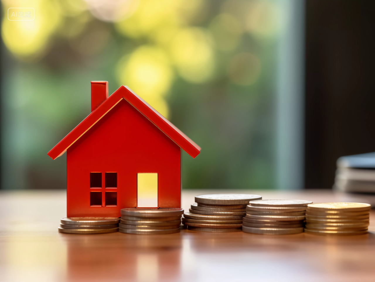 桌上的红色房子模型 黄色的金币房子模型的创意广告图房子高楼大厦房屋居住房地产摩天大楼都市风景