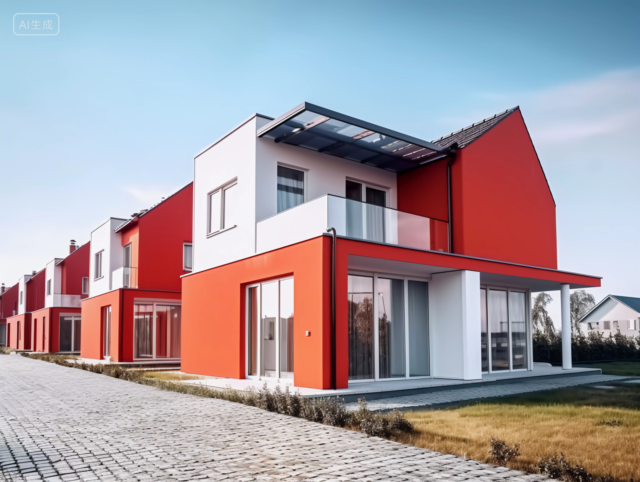 红色房屋侧面美丽的现代住宅别墅房子高楼大厦房屋居住房地产摩天大楼都市风景