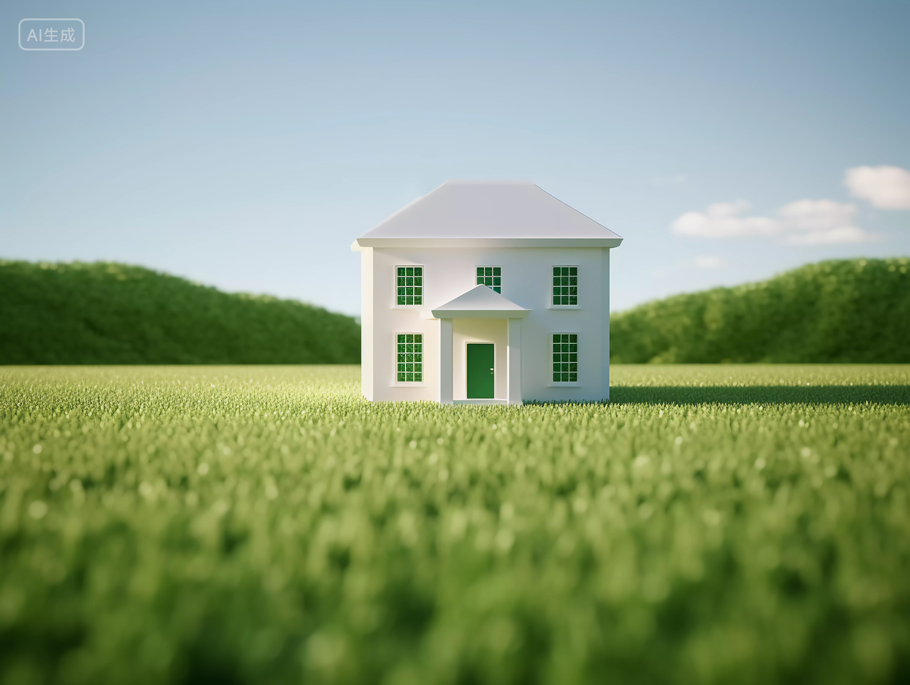 绿色草地上的白色房子模型的创意广告图房子高楼大厦房屋居住房地产摩天大楼都市风景