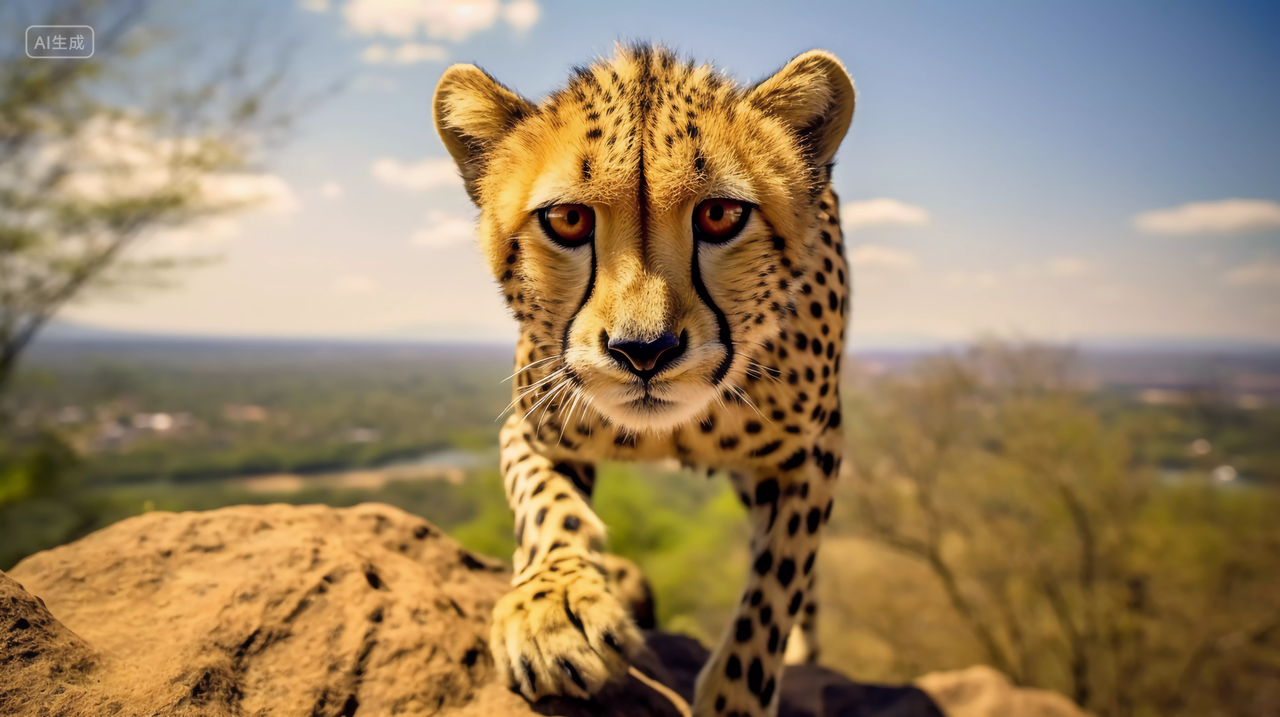 蓝天白云下大自然野生动物豹子眼神凶狠的猎豹