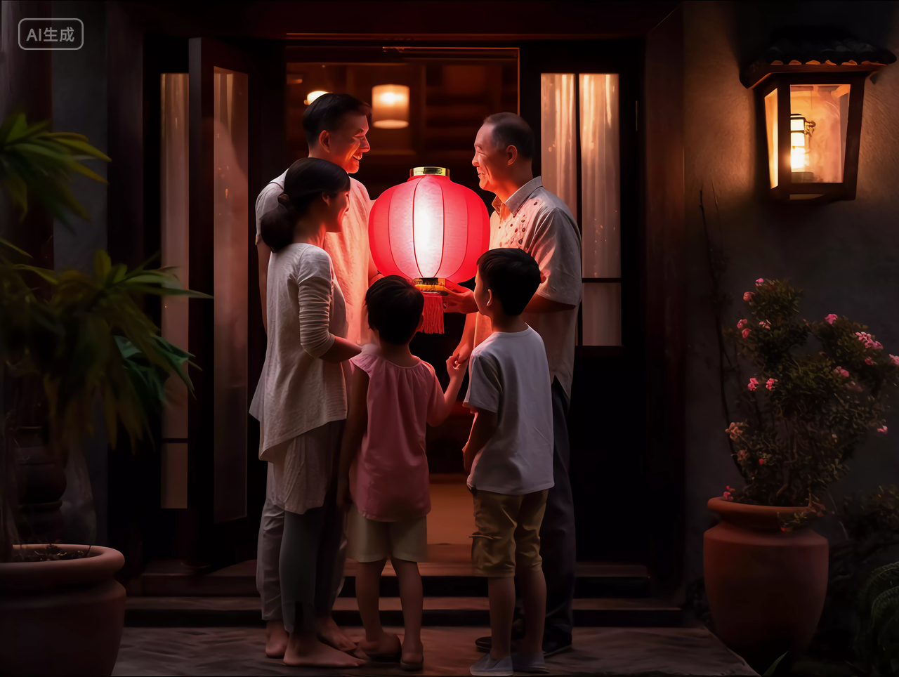 一家人在门口点灯笼中秋的红色灯笼喜庆中秋节八月十五中国文化传统节日花好月圆