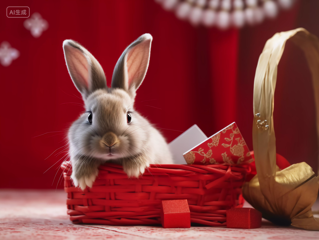 红色篮子里的一只兔子灰兔喜庆中秋节八月十五中秋月亮中国文化传统节日花好月圆